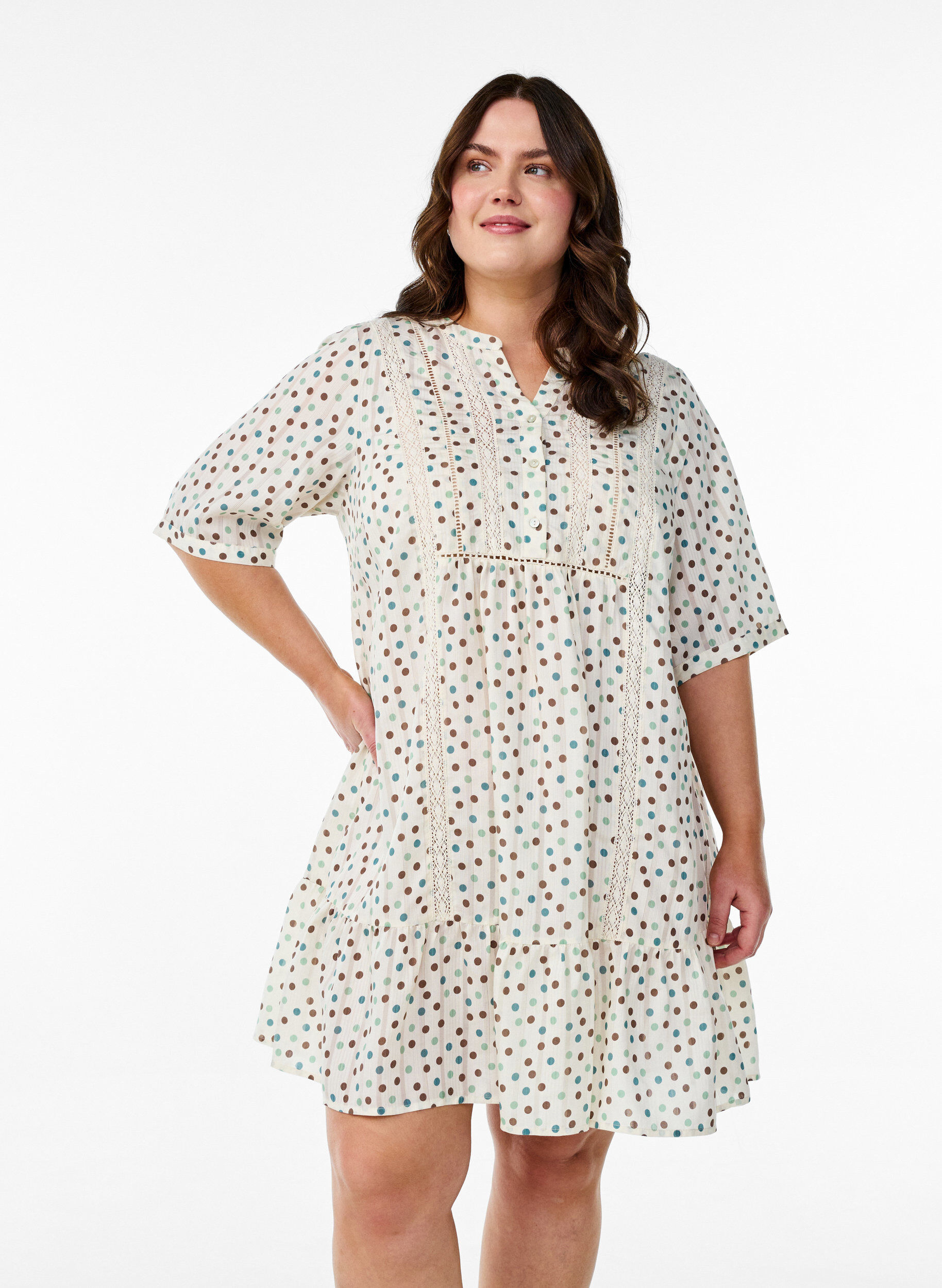 Korte viscose jurk met kanten afwerking en een A-lijn snit, Wit, Model