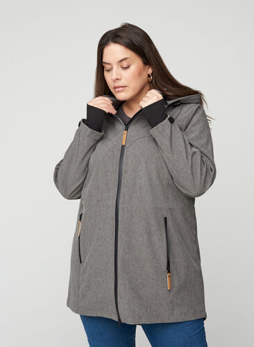 Softshell jas met capuchon en zakken, Medium Grey Melange, Model image number 0