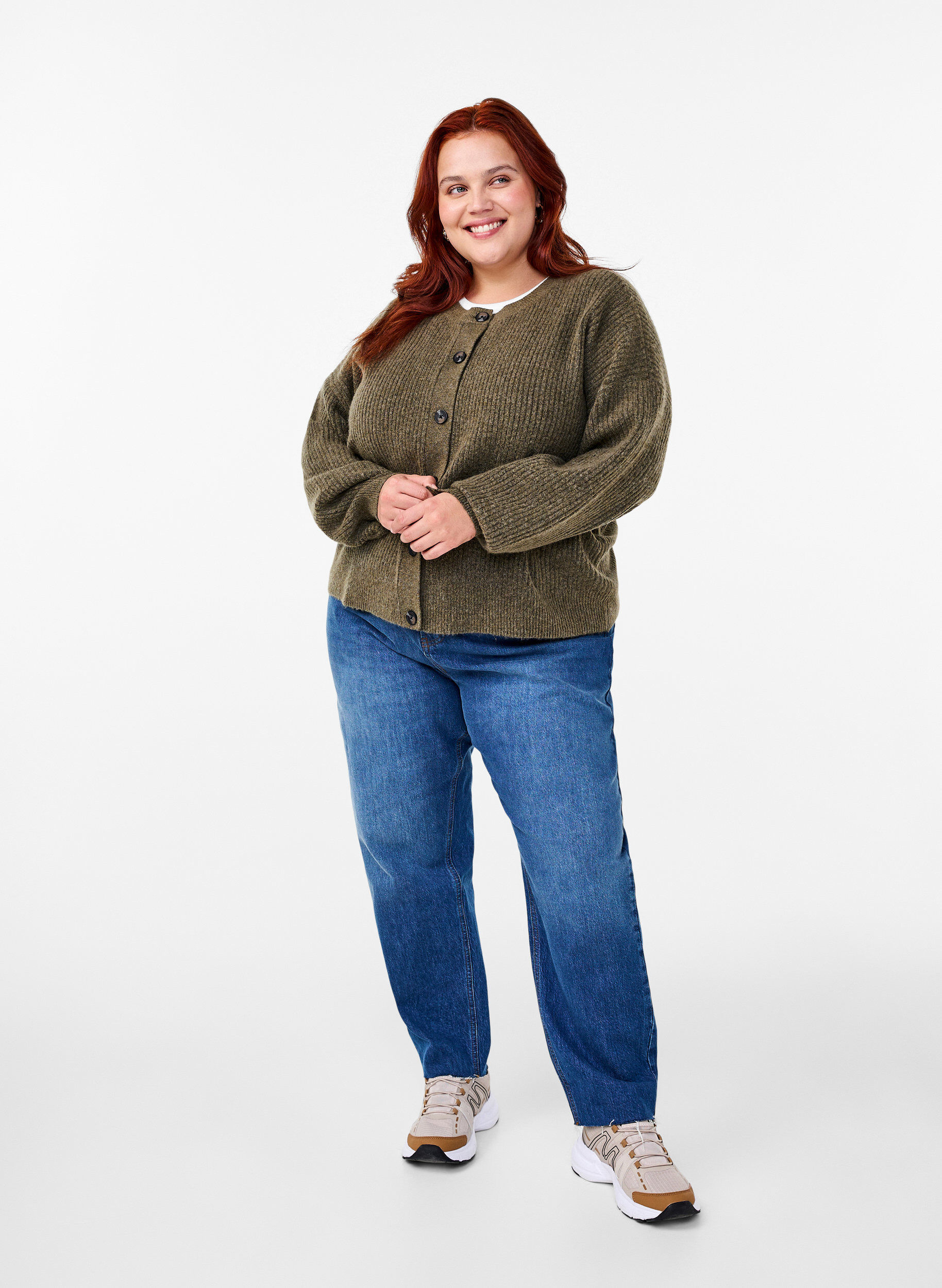 Zizzi Vest van ribtricot met knopen, Groen, Model image number 1