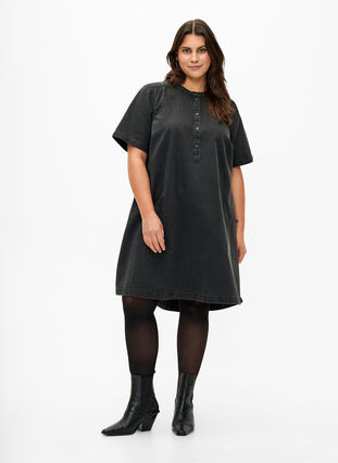 A-vorm denim jurk met korte mouwen, Grey Denim, Model image number 2