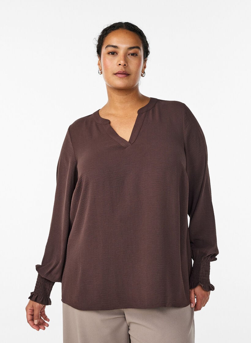 Blouse met smockmanchetten en V-hals, Bruin, Model image number 0