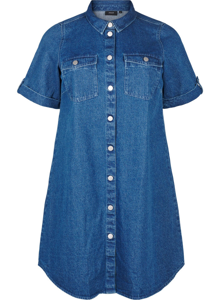 Denimjurk met korte mouwen en knopen, Blauw, Packshot image number 0