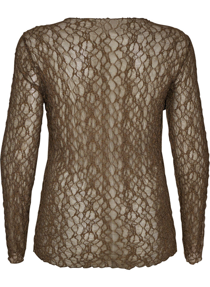 Mesh blouse met patroon en glittergaren, Bruin, Packshot image number 1
