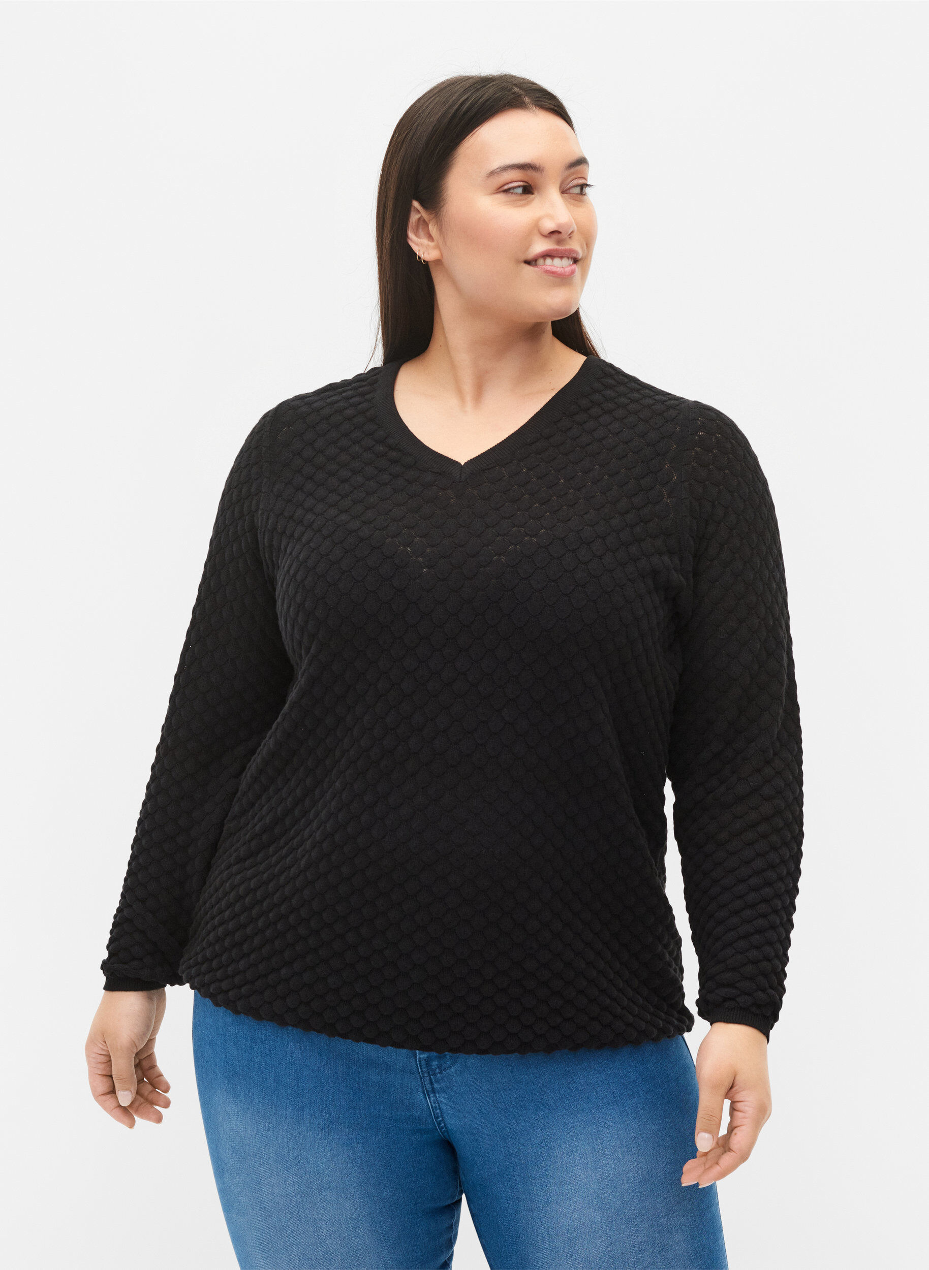 Zizzi Gebreide top met patroon en v-halslijn, Black, Model image number 0