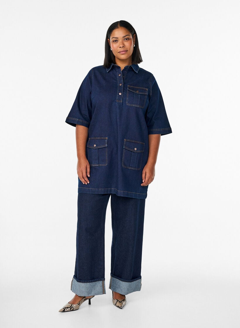 Denim jurk met grote zakken en 3/4 mouwen, Blauw, Model image number 1