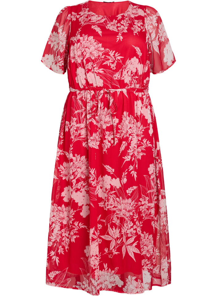 Lange chiffon jurk met bloemenprint, Red Flower AOP, Packshot image number 0