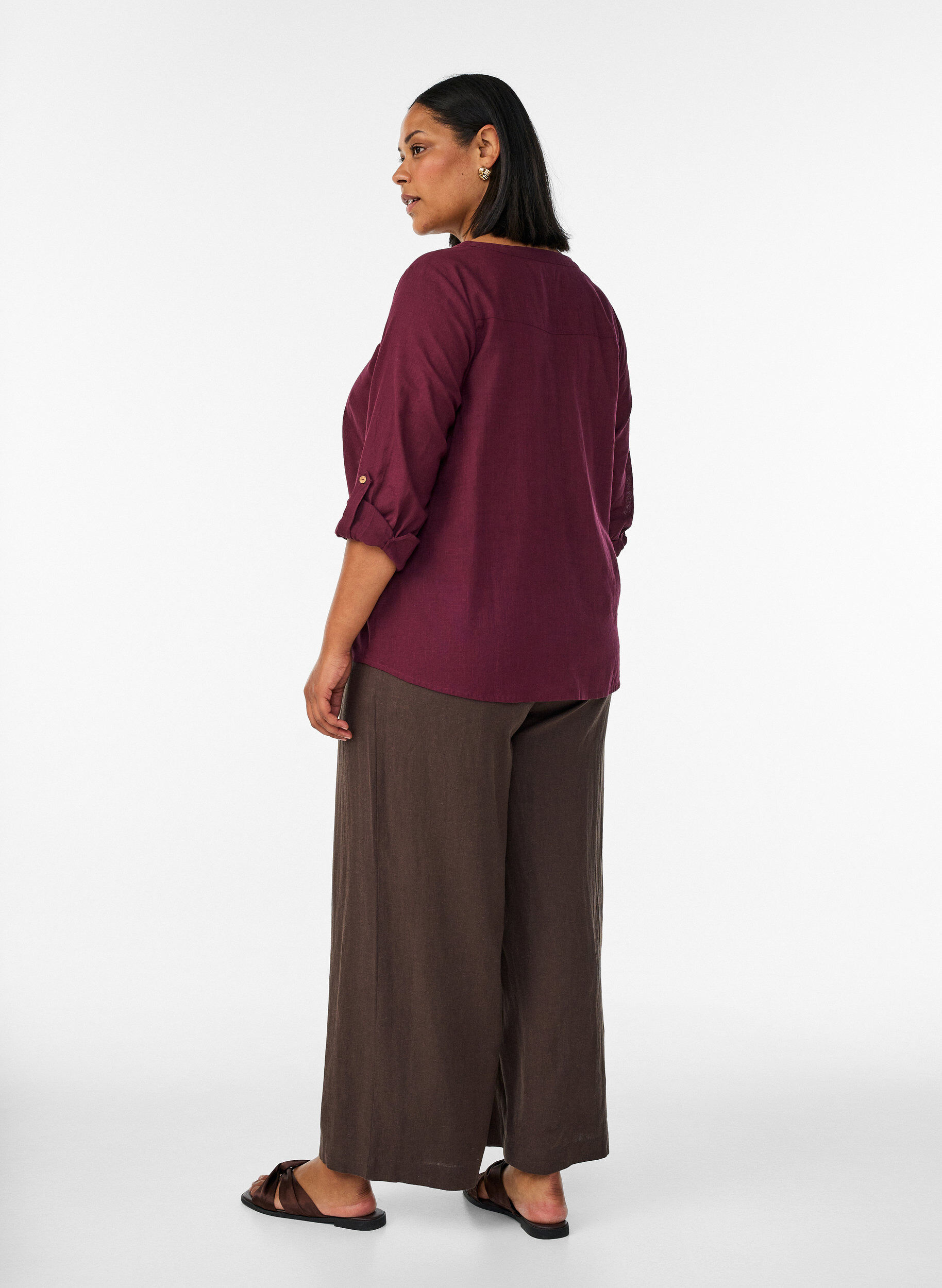 ZizziWijde linnen en viscose broek, Bruin, Model image number 1