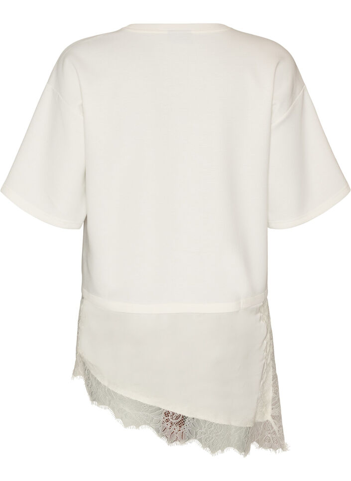 Jersey blouse met gelaagde look en kant, Vanille, Packshot image number 1