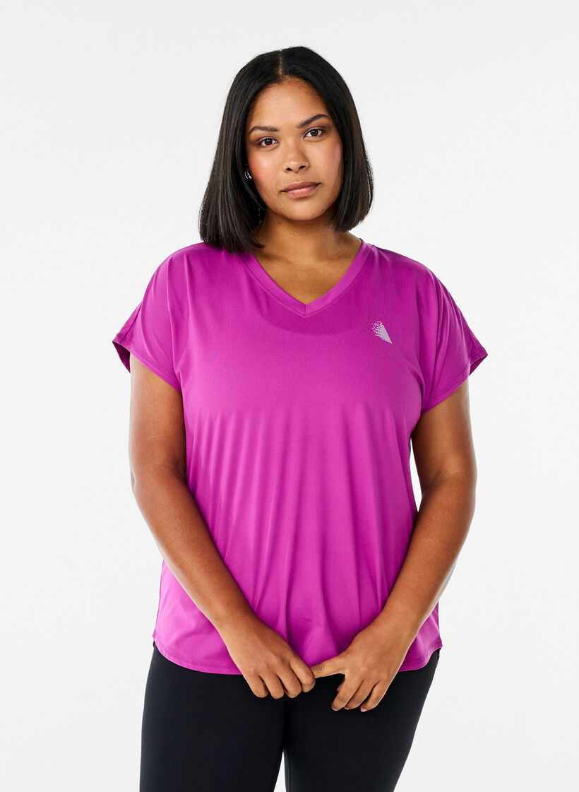 T-shirt met korte mouwen voor workouts en V-hals, Paars, Model image number 0