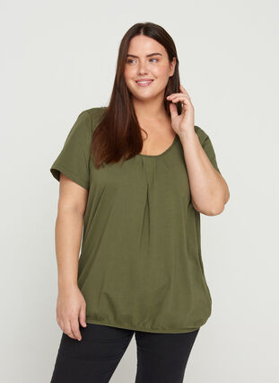 T-shirt met korte mouwen, ronde hals en kanten rand, Ivy Green, Model image number 0