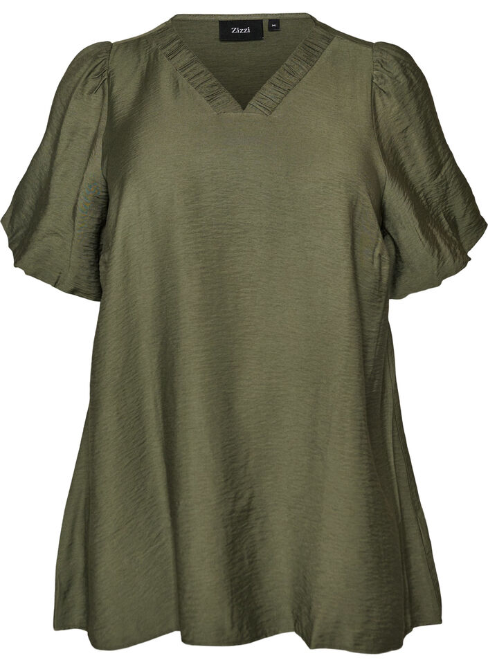 Tunic met ballonnenmouwen en een V-hals, Groen, Packshot image number 0