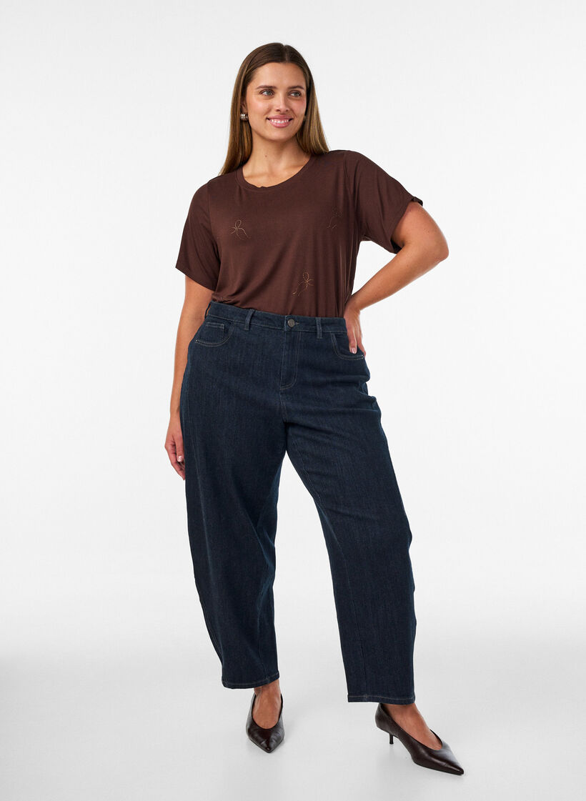 Viscose T-shirt met strassteentjes, Bruin, Model image number 1