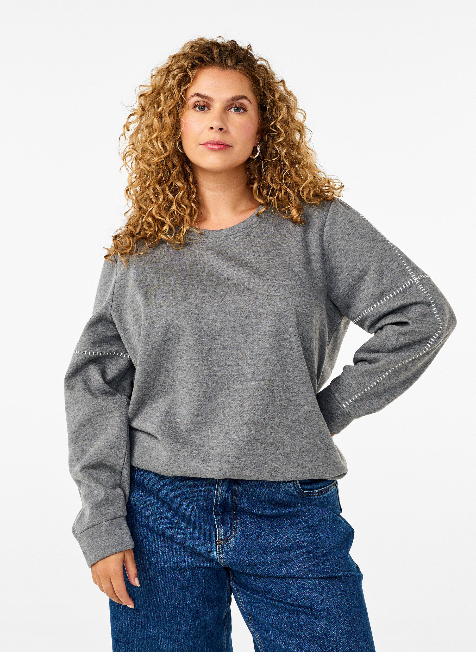 Zizzi Sweatshirt met contrasterende stiksels, Medium Grey M&eacute;l, Model image number 0