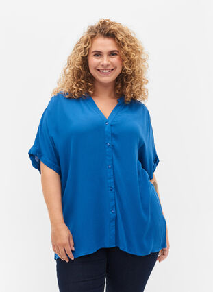 Viscose overhemd met korte mouwen en v-hals, Classic Blue, Model image number 0