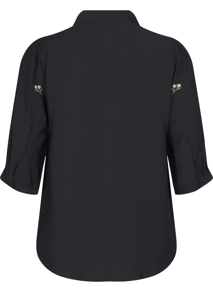 Blouse met 3/4 mouwen en bloemenborduursel, Black, Packshot image number 1