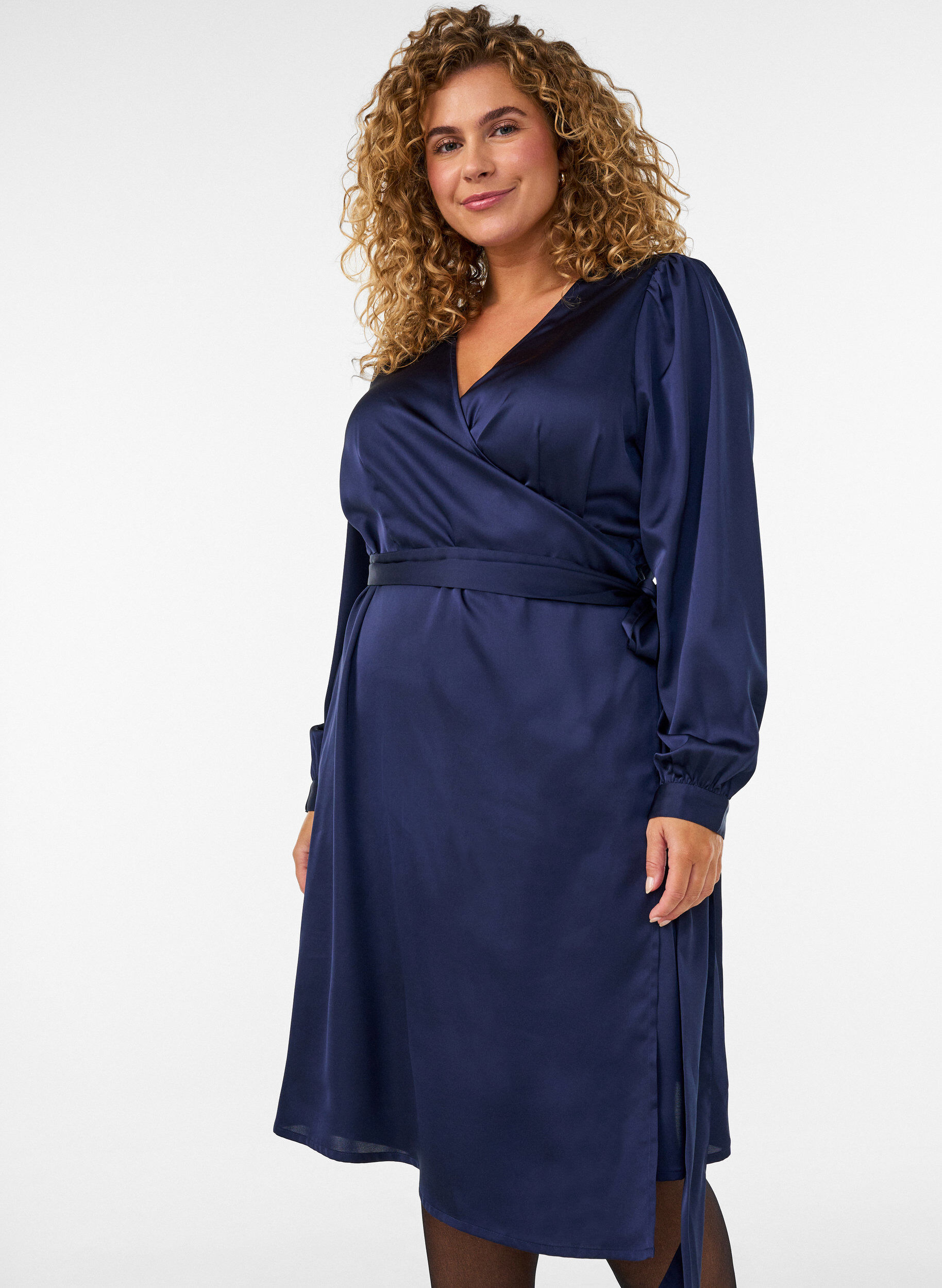 ZizziKorte satijnen jurk met wikkeldesign, Blauw, Model image number 0