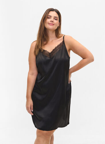 Pyjama jurk met kanten details, Black, Model image number 0