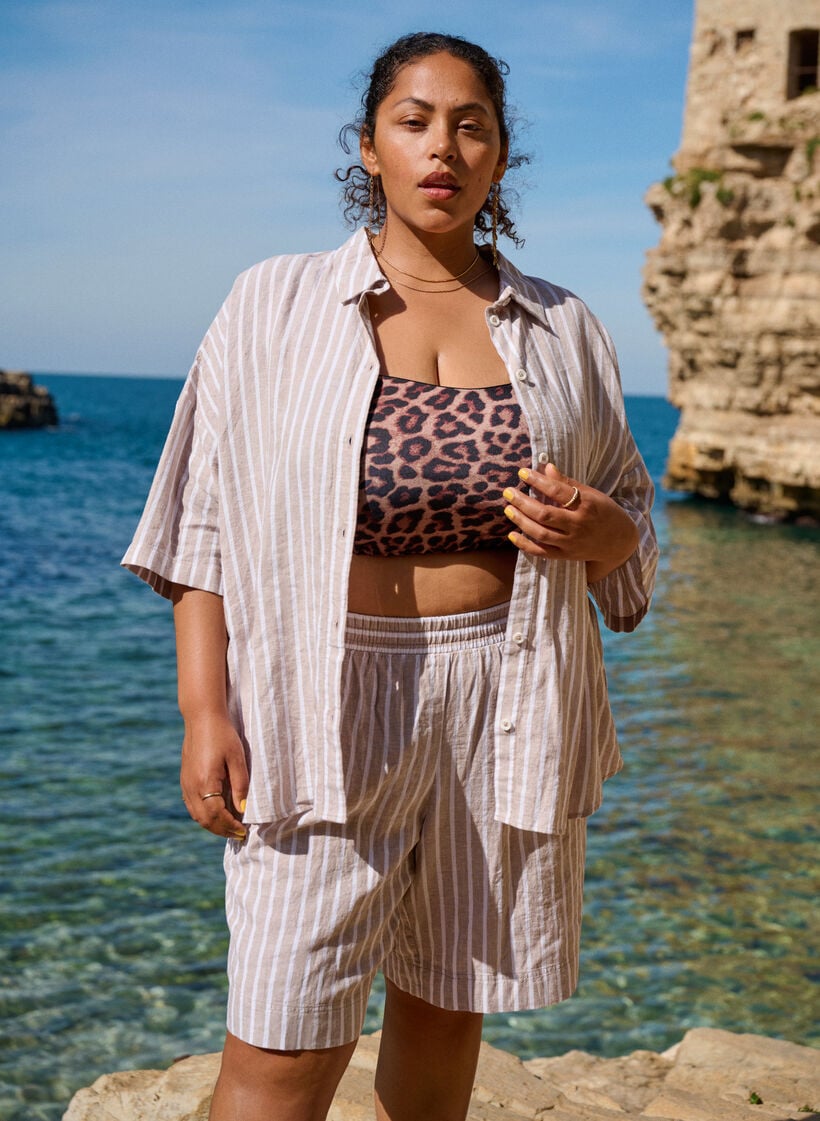 Shirt van linnen en viscose met strepen, Beige, Image image number 0