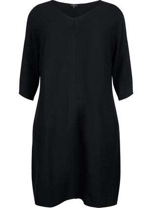 Geribde jurk met 3/4 mouwen, Black, Packshot image number 0