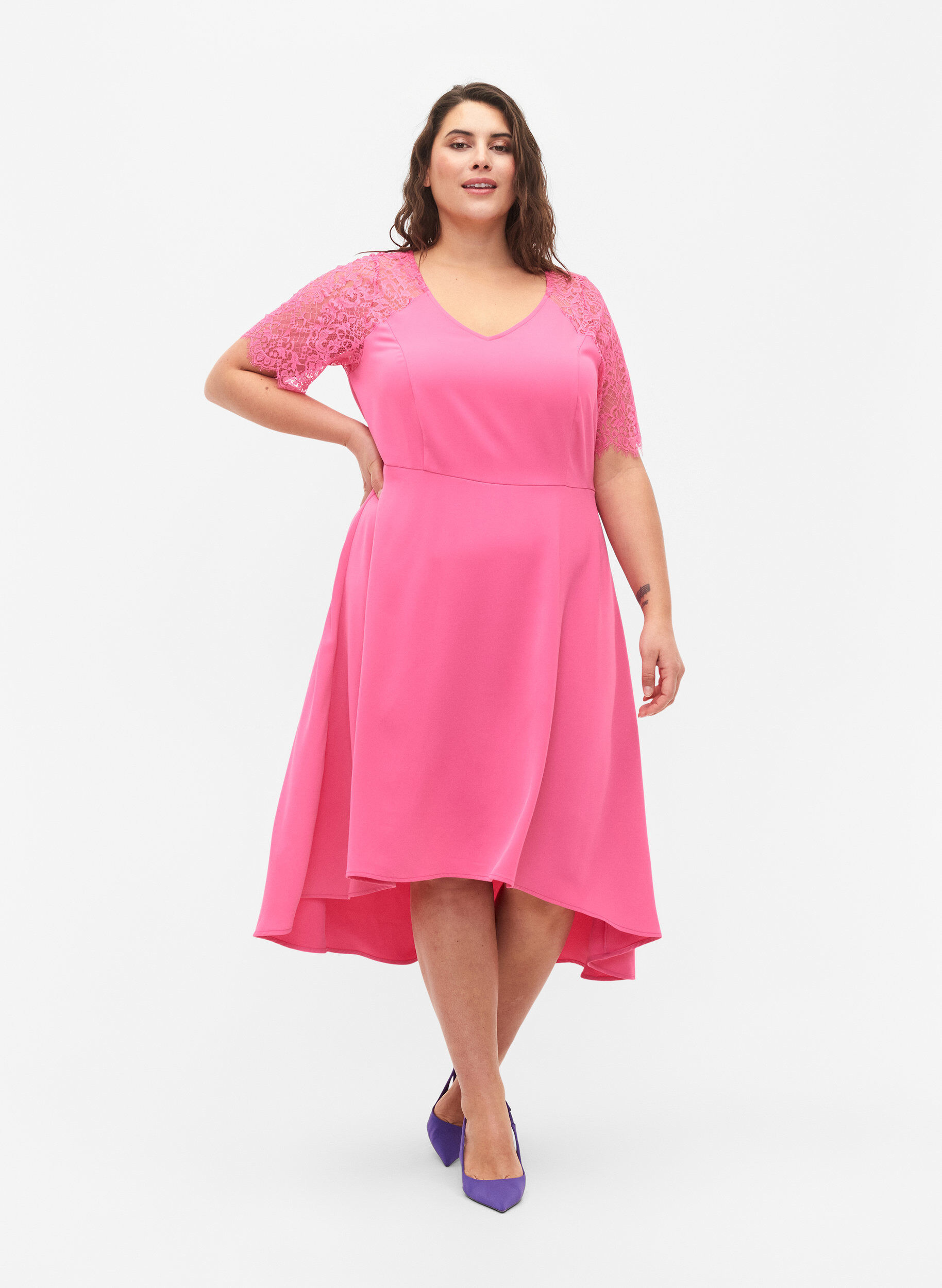 Zizzi Midi-jurk met korte kanten mouwen, Shocking Pink, Model image number 0