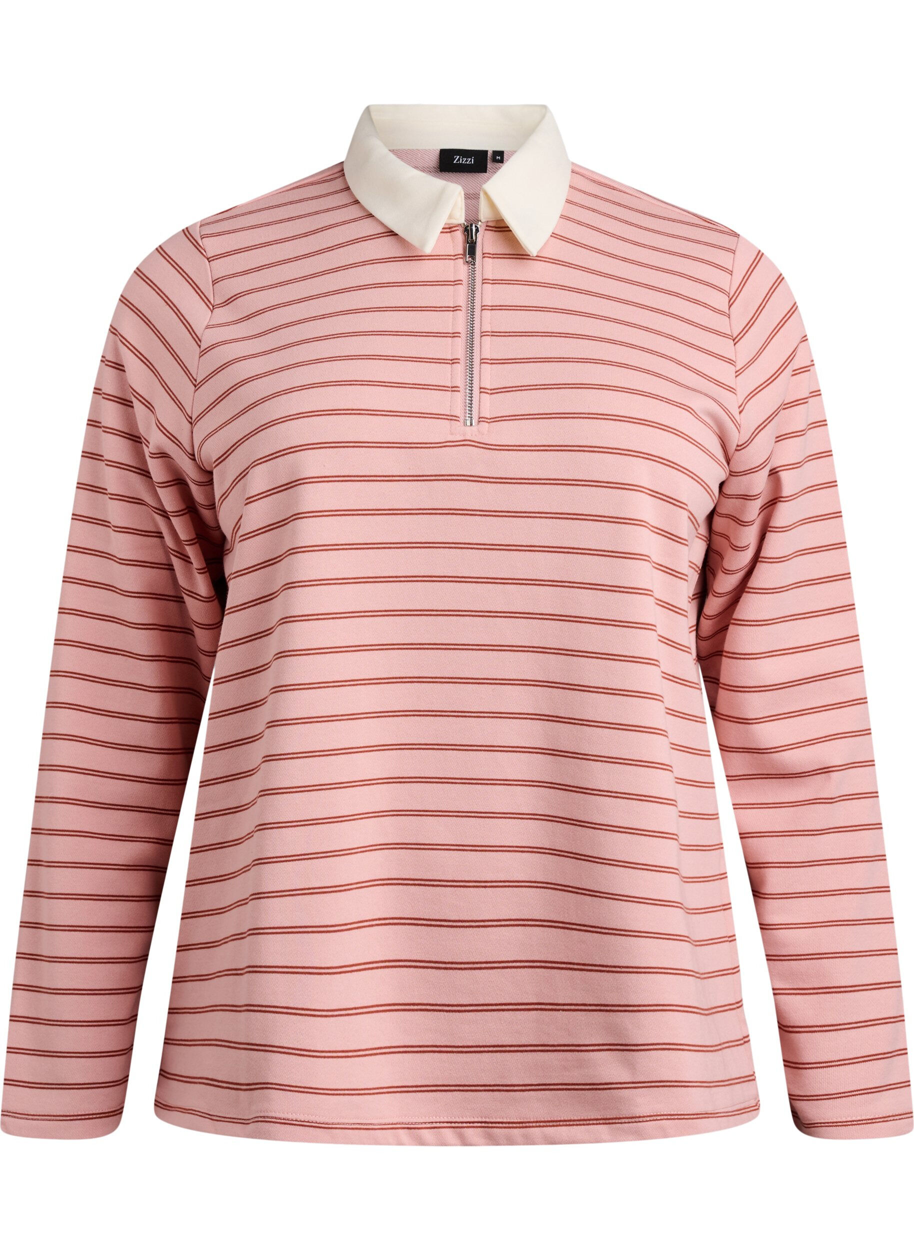 Zizzi Gestreept poloshirt met ritssluiting, Rood, Packshot image number 0