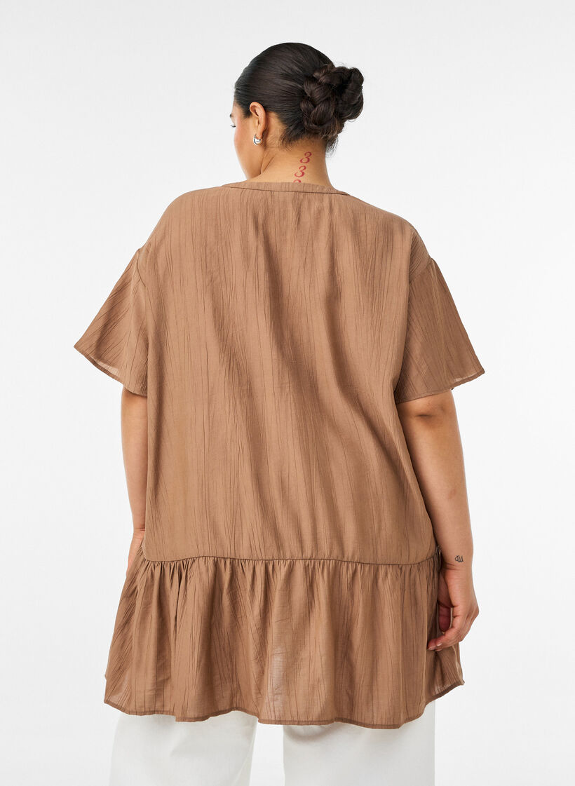 Losse tuniek met gekreukte structuur en rucherand, Bruin, Model image number 2
