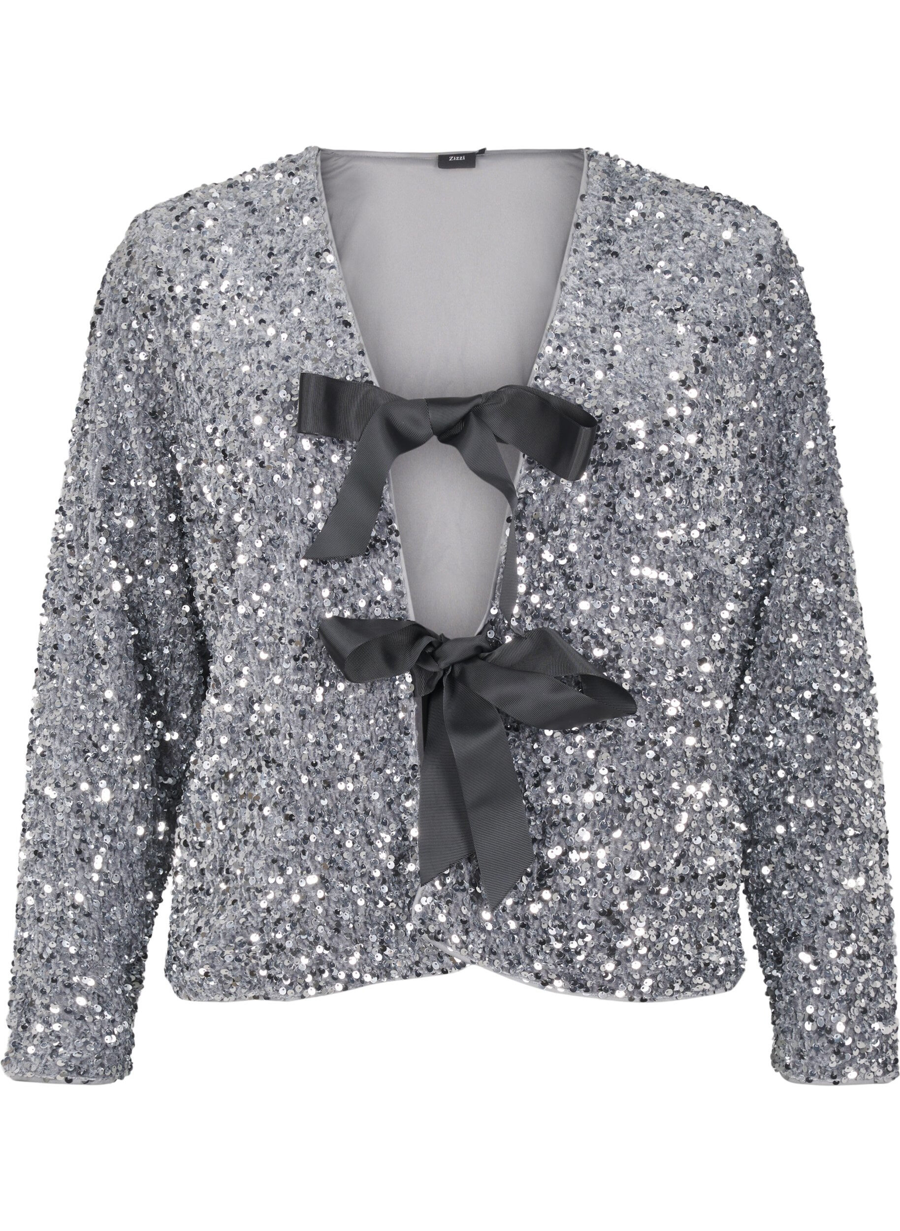 Zizzi Pailletten blouse met strikdetails, Silver, Packshot image number 0