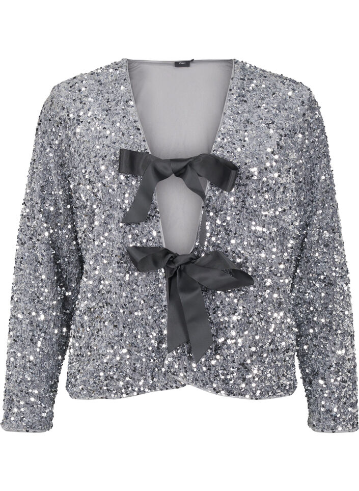 Pailletten blouse met strikdetails, Silver, Packshot image number 0