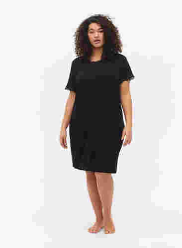 Nachthemd van viscose met korte mouwen en kanten randjes, Black, Model image number 2