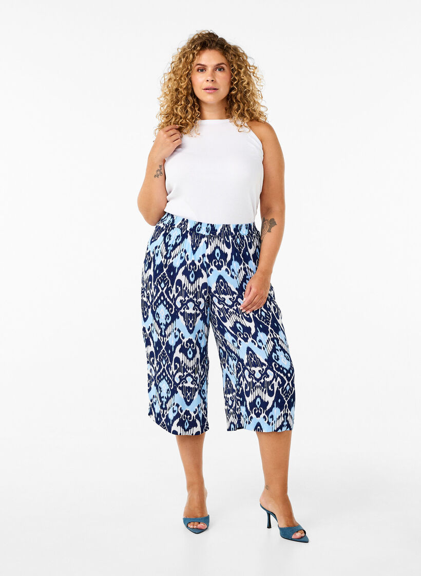 Viscose culotte broek met print, Blue Ethnic AOP, Model image number 0
