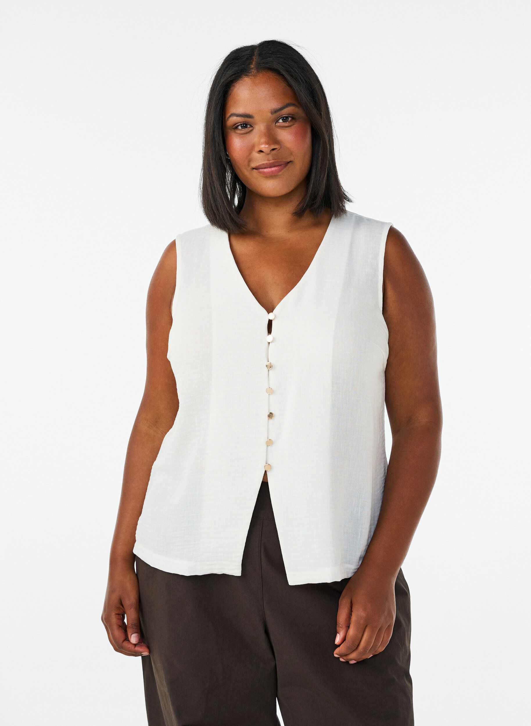 Mouwloos vest met V-hals en knopen, Vanille, Model