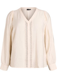 Blouse met V-hals en geborduurde banden, Beige