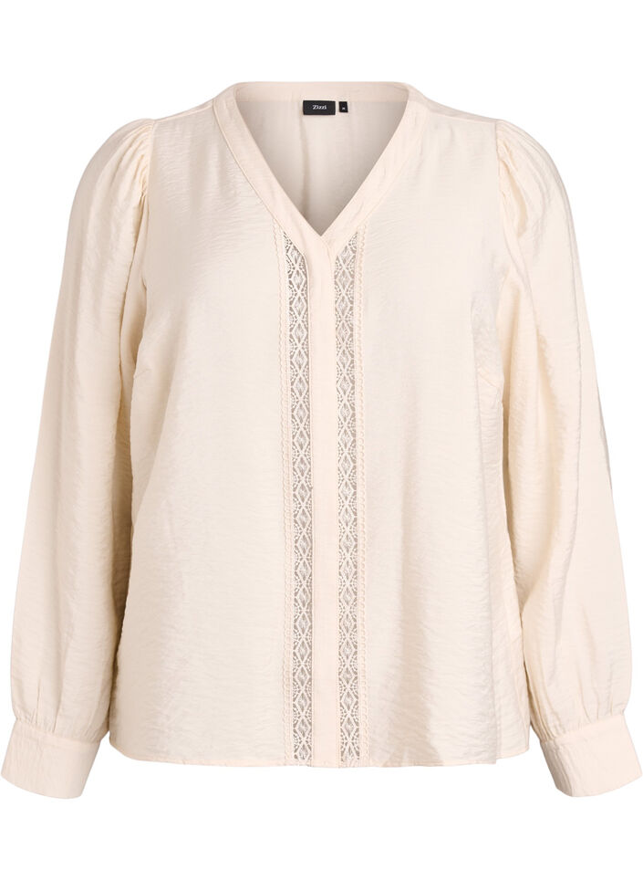 Blouse met V-hals en geborduurde banden, Beige, Packshot image number 0