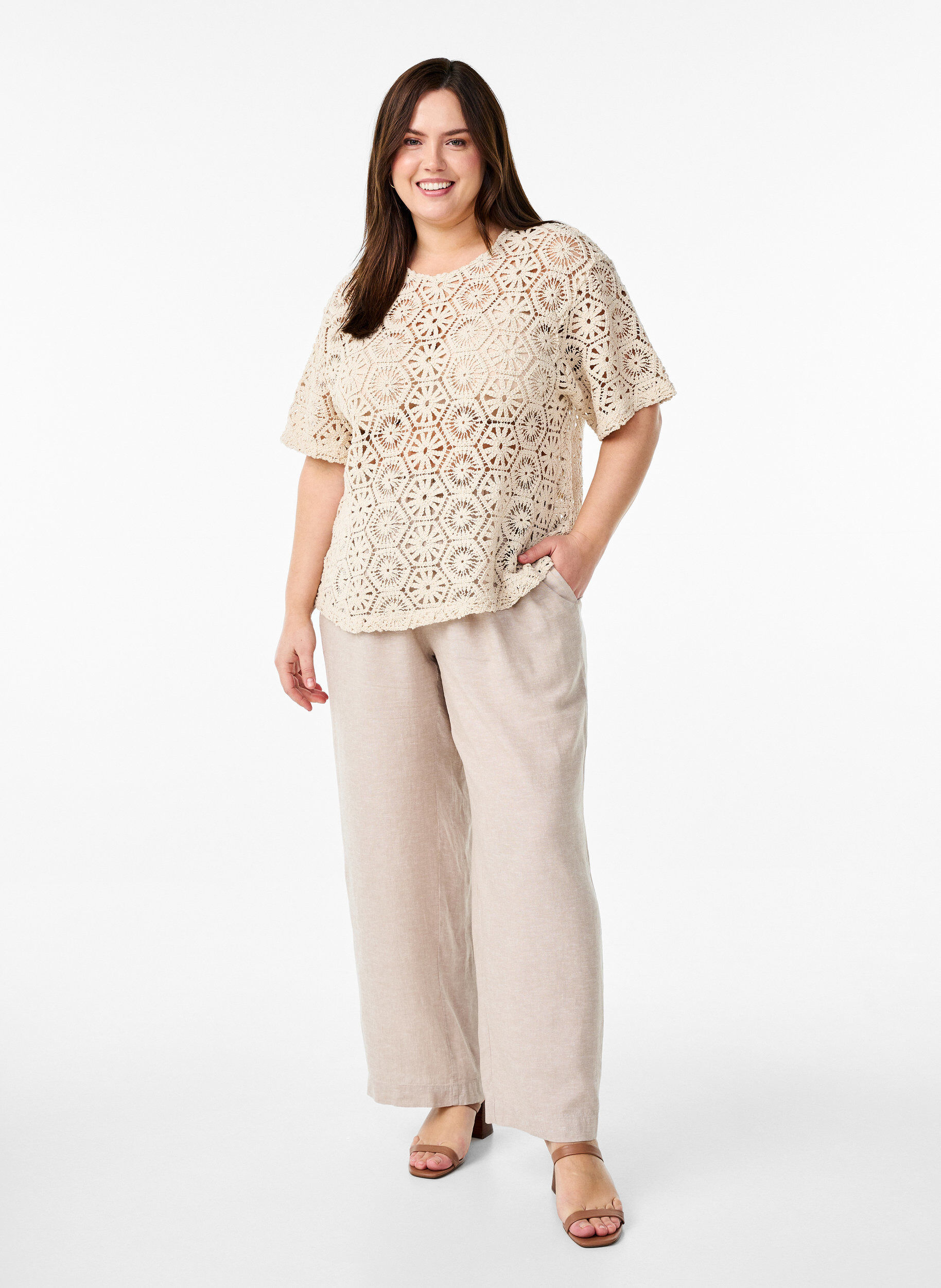 Zizzi Haakblouse met korte mouwen, Beige, Model image number 1