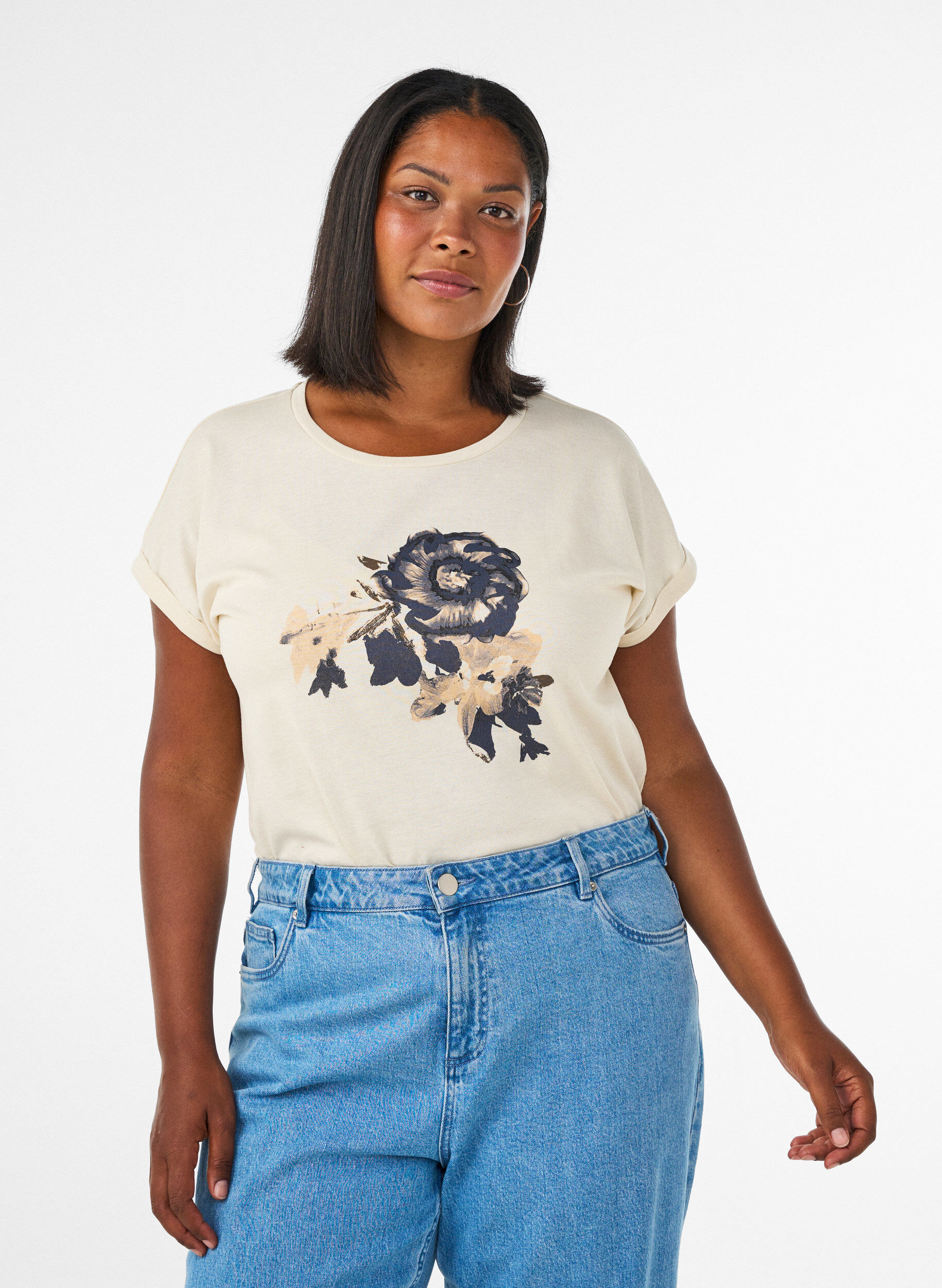 T-shirt met decoratieve print aan de voorkant, Vanille, Model