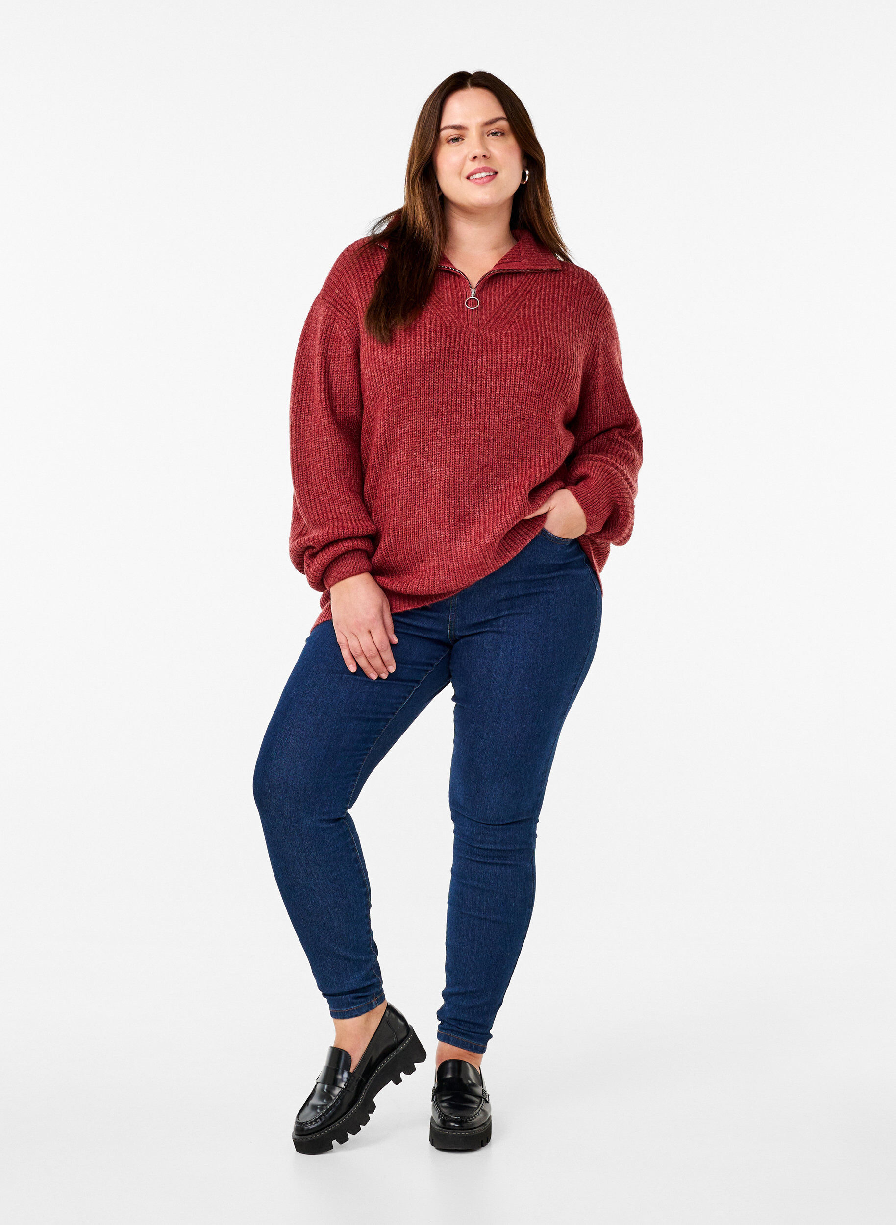 ZizziGebreide trui met hoge hals en rits, Rood, Model image number 1