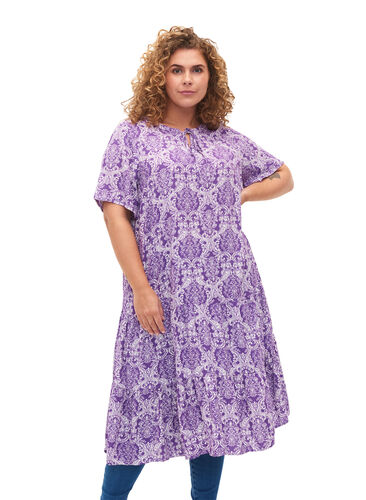 Viscose jurk met print en korte mouwen, D. Lavender Oriental, Model image number 0