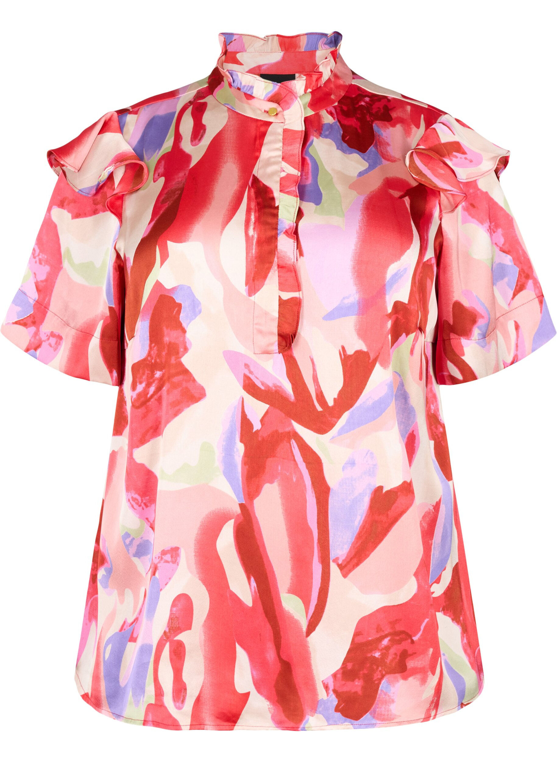 Zizzi Satijnen shirtblouse met print en ruches, Geranium Graphic AOP, Packshot image number 0