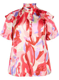 Satijnen shirtblouse met print en ruches, Geranium Graphic AOP