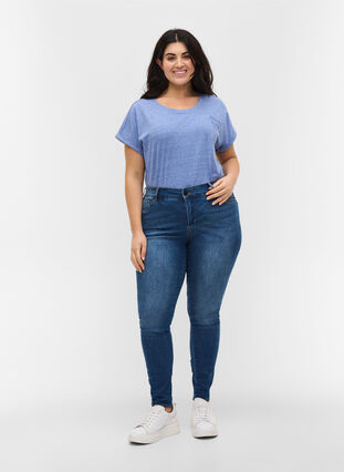 Super slim fit Amy jeans met strikje en rits, Dark blue, Model image number 4