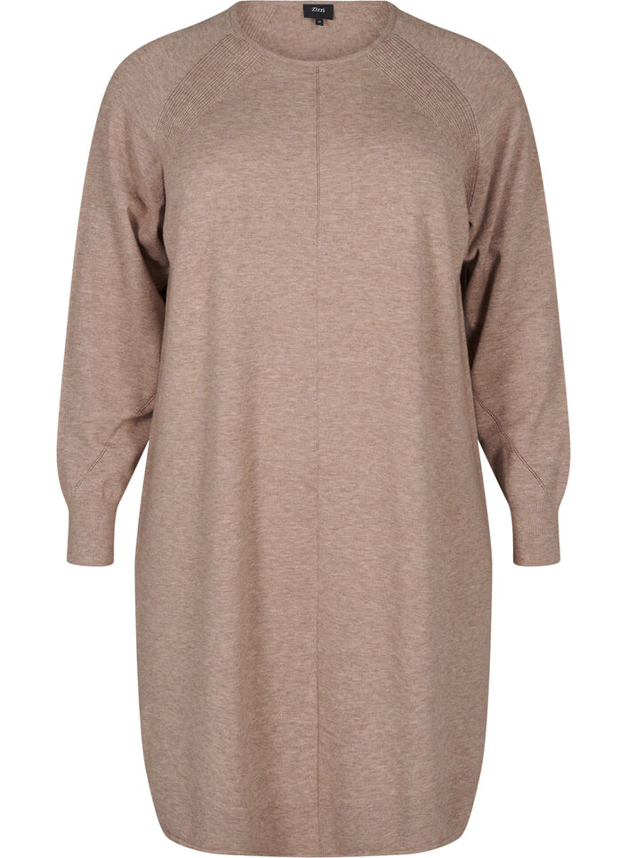 Gebreide jurk met een ronde hals en gebreid patroon, Fossil Mel., Packshot image number 0