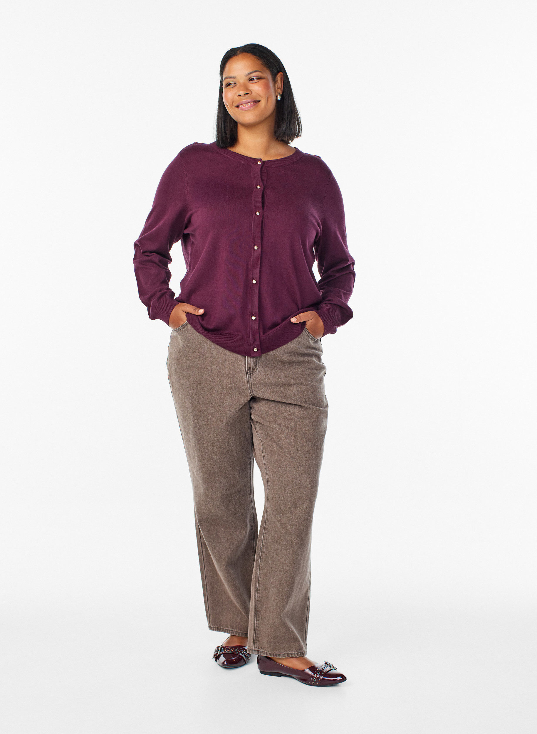 Zizzi Fijngebreide cardigan met bolknopen, Rood, Model image number 1