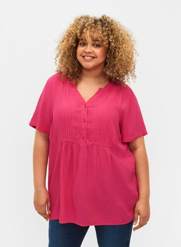 Viscose blouse met korte mouwen en plooien, Beetroot Purple, Model image number 0
