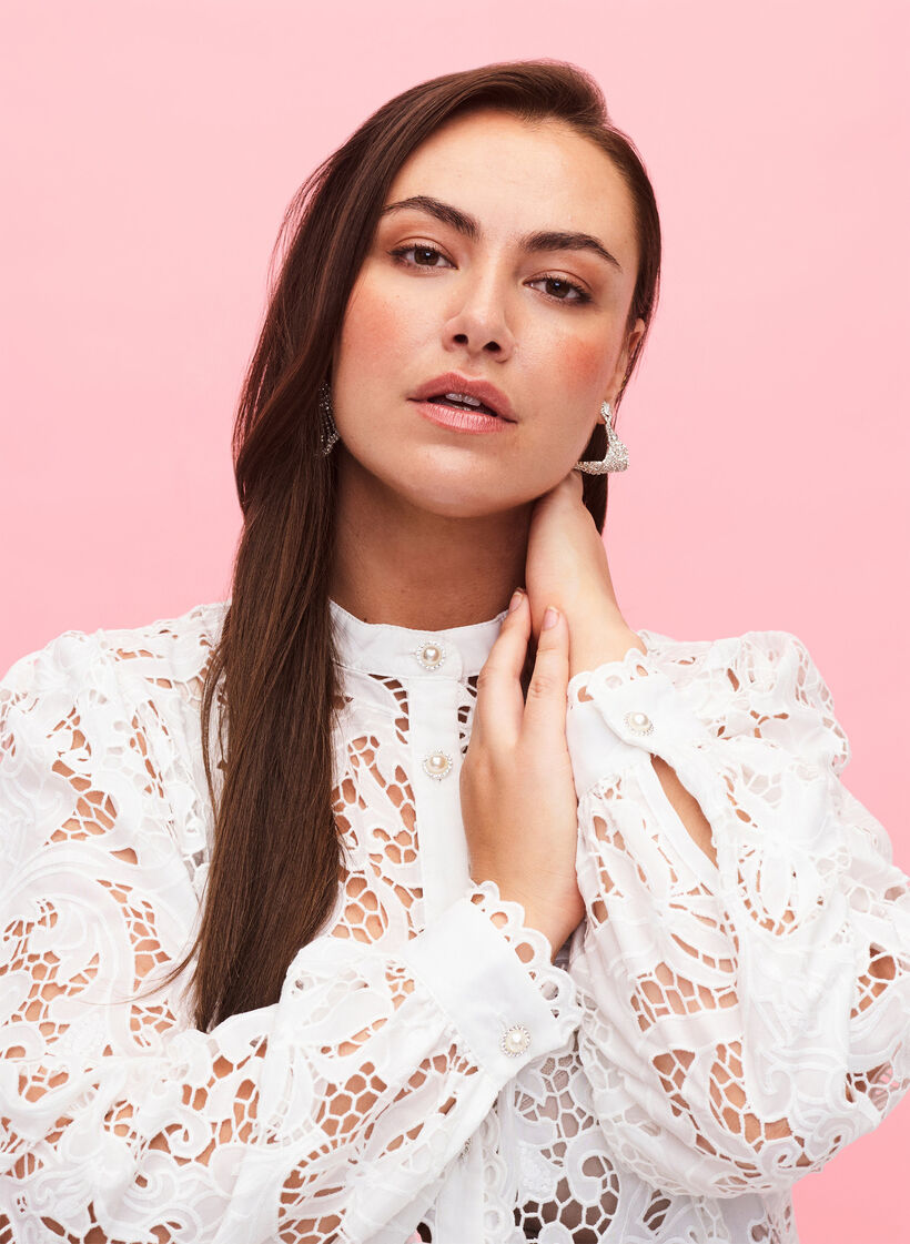 Kanten shirt blouse met lange mouwen, White, Model image number 2