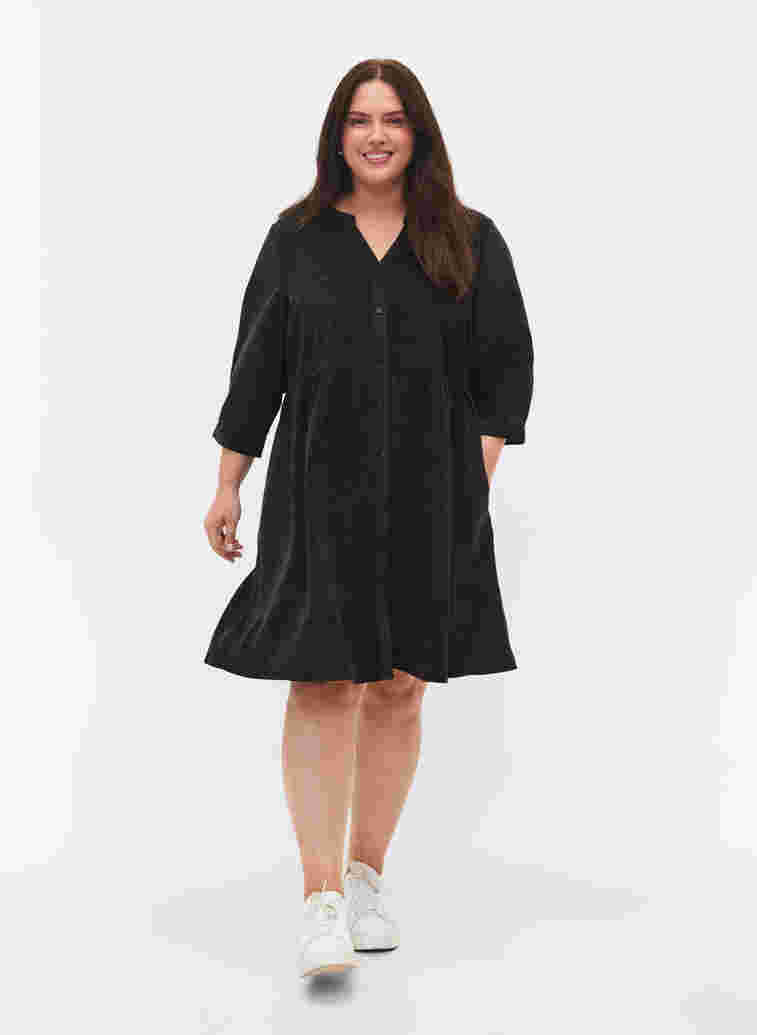 Fluwelen jurk met 3/4-mouwen en knopen, Black, Model image number 1