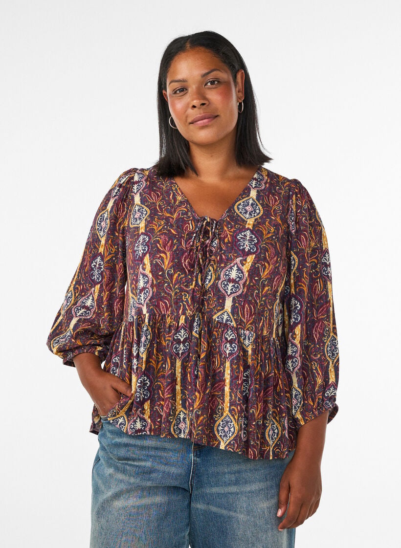 Blouse met paisleyprint en kanten detail, Paars, Model image number 0