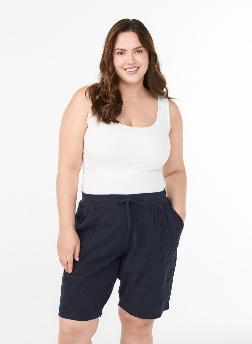 Losse katoenen short met zakken, Blauw, Model image number 0