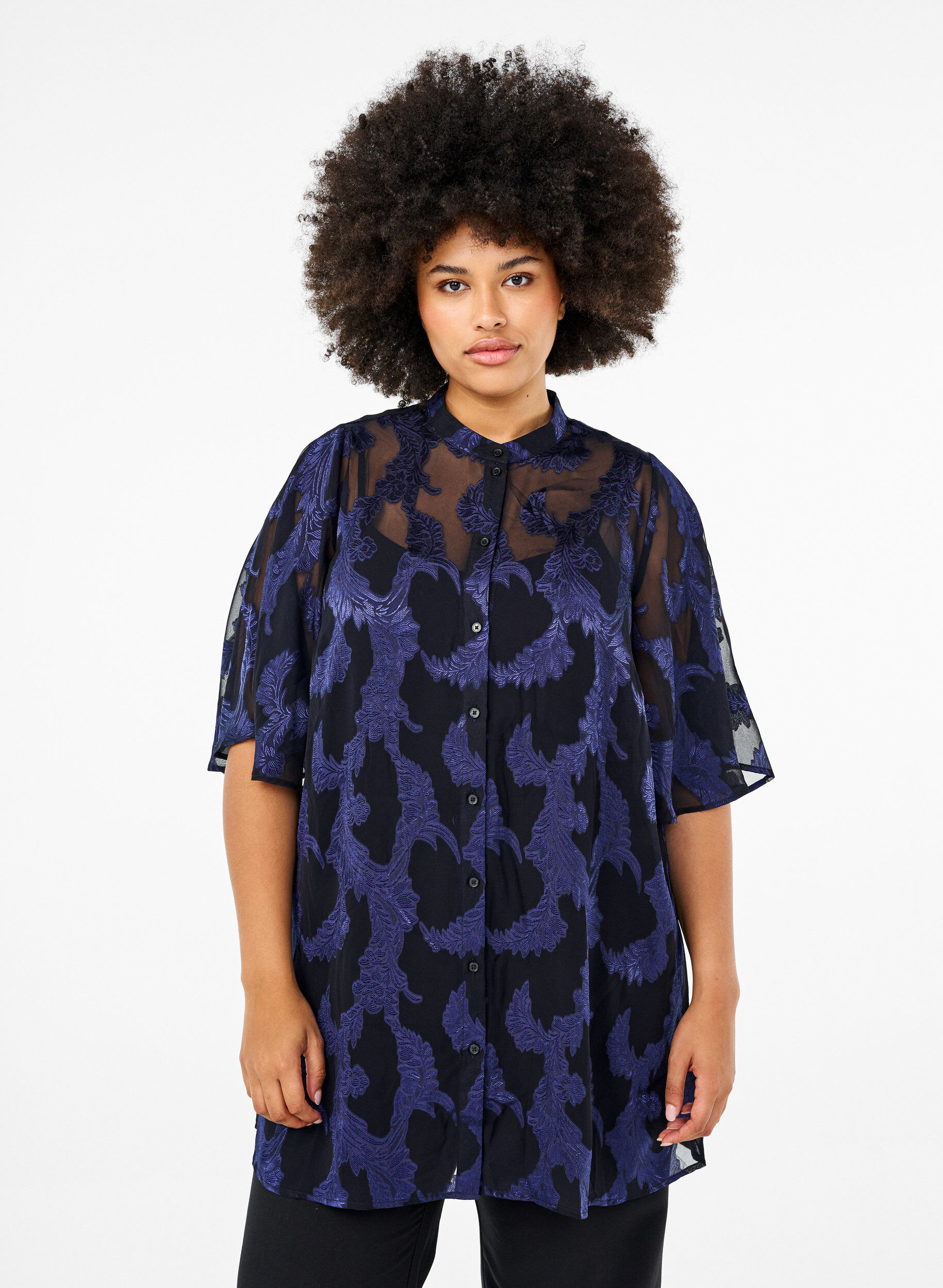 Zizzi Chiffon tuniek met jacquard patroon, Evening Blue, Model image number 0