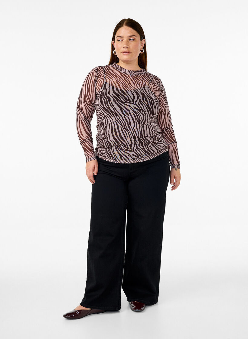 Mesh top met zebra print, Zwart, Model image number 1