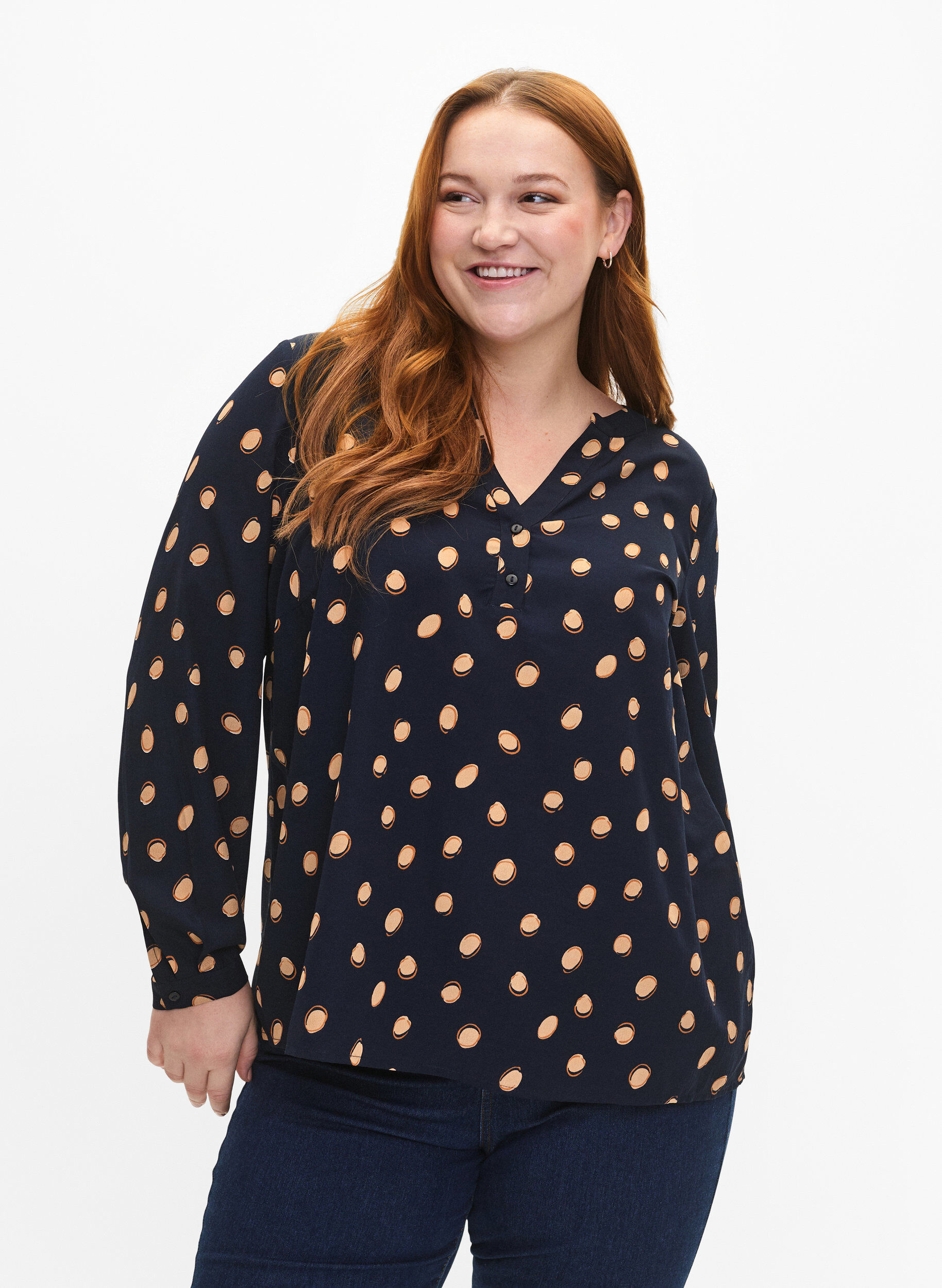 Zizzi FLASH - Blouse met lange mouwen en print, Blue Double Dot, Model image number 0